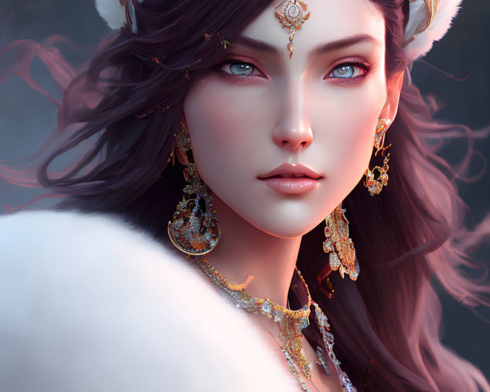 Fantasy digital artwork of woman with golden jewelry and blue eyes