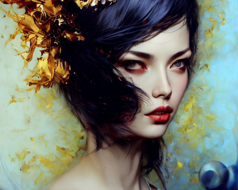 Digital painting of woman with red lips, dark hair, golden floral accents, mysterious gaze in blue &