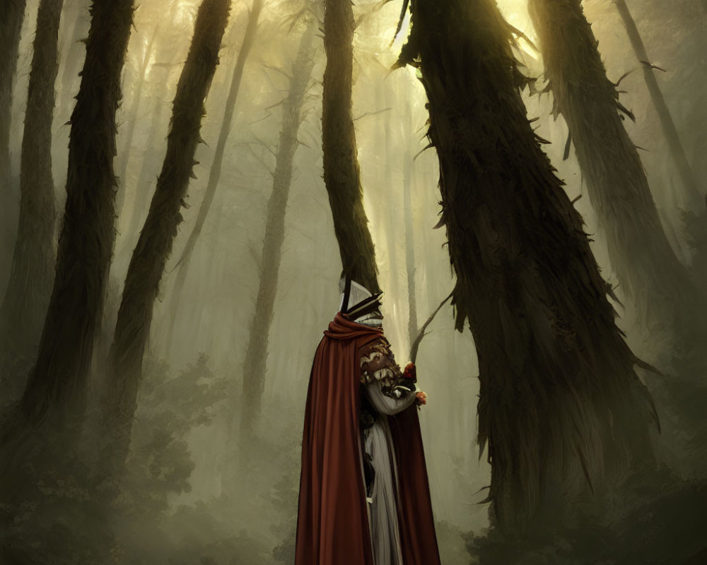 Misty forest scene with cloaked figure and sword in sunlight