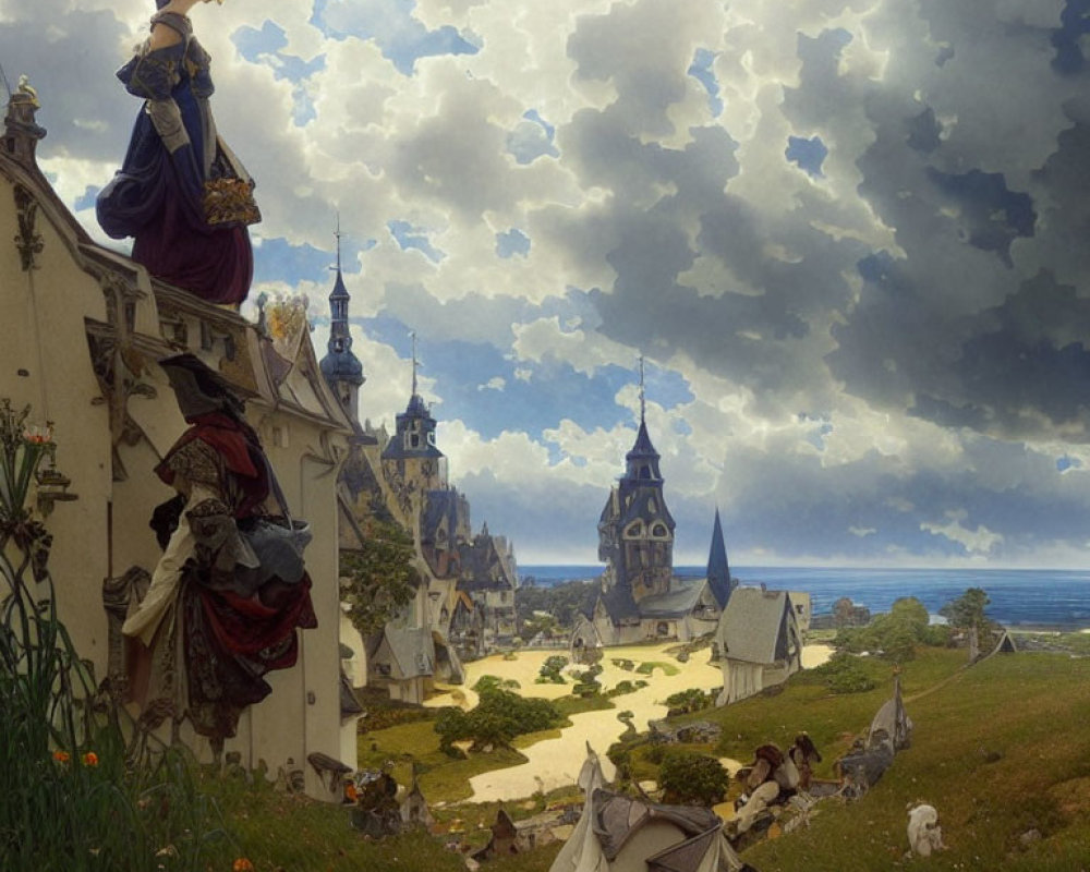 Fantastical landscape with whimsical village and medieval characters.