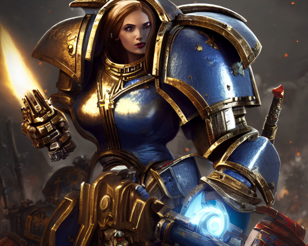 Futuristic woman in blue and gold armor with gauntlet gun amidst explosions