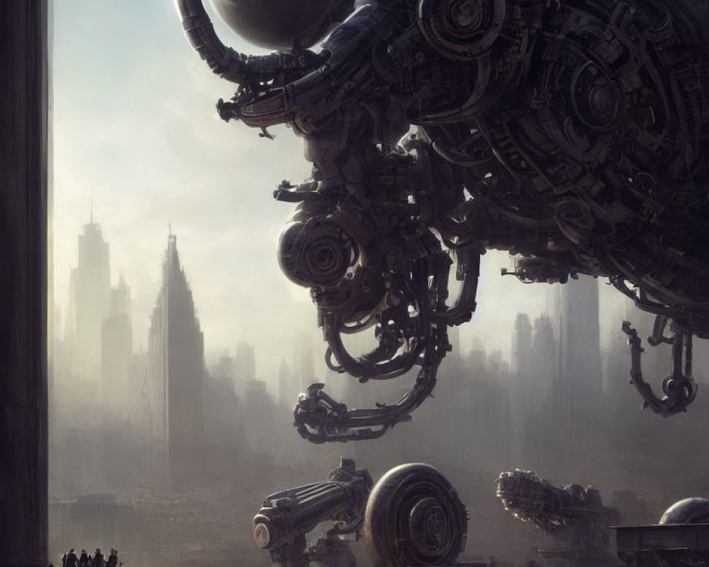 Gigantic robot overlooking futuristic city with tiny humans and advanced vehicles