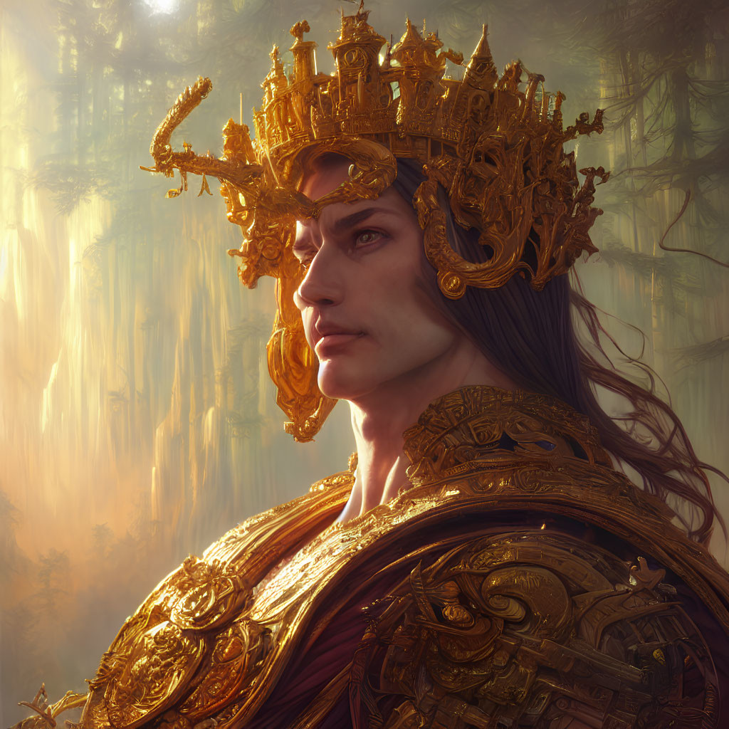 Regal figure in golden crown and armor in forest light