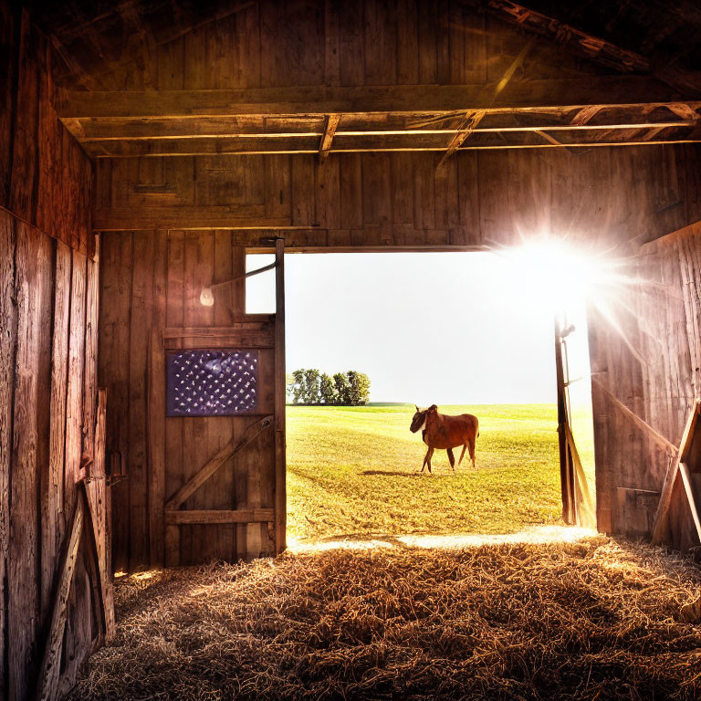 Rustic barn with American flag and lone cow in sunlit field