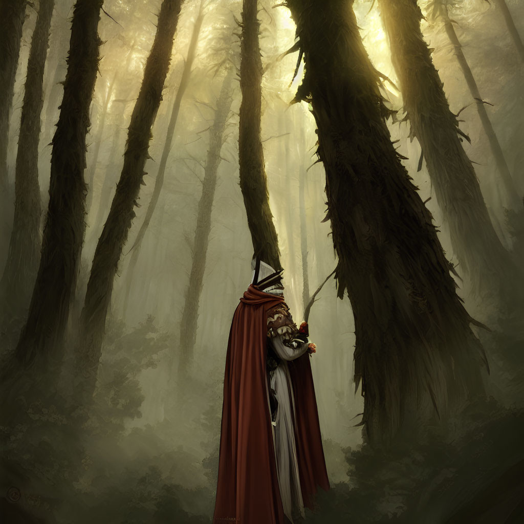 Misty forest scene with cloaked figure and sword in sunlight