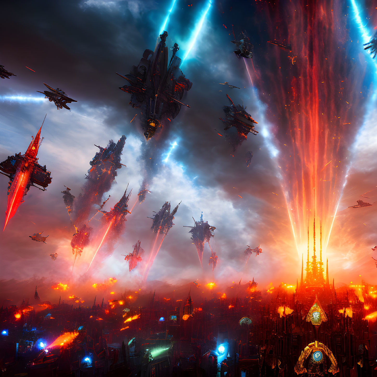 Futuristic sci-fi battle with spaceships, lasers, and fiery cityscape