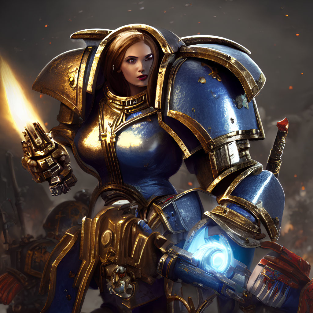 Futuristic woman in blue and gold armor with gauntlet gun amidst explosions