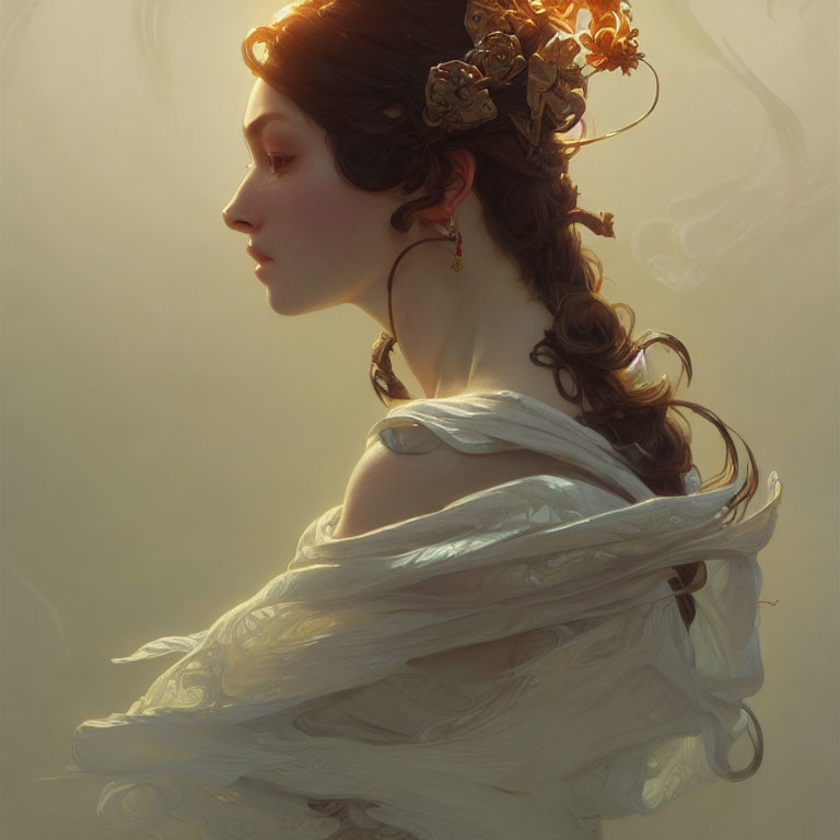 Ethereal woman with elaborate hair ornaments and flowing attire in soft, warm light