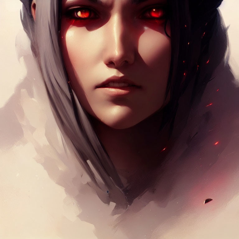 Illustrated female with silver hair and red eyes surrounded by floating embers.