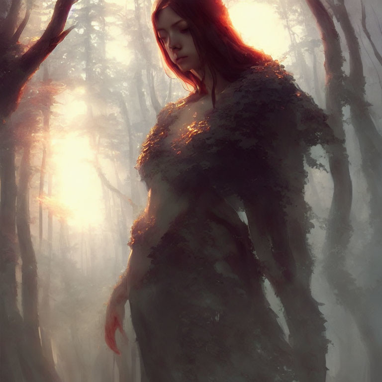 Woman in forest with sunlight, blending dress.