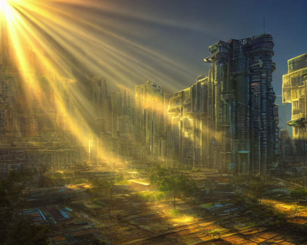 Futuristic cityscape with towering skyscrapers in sunlight