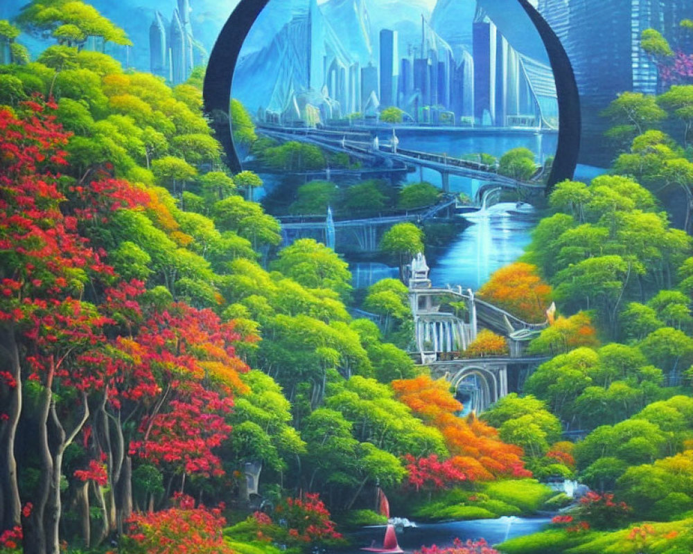 Colorful forest, waterfalls, river, futuristic city in vibrant painting