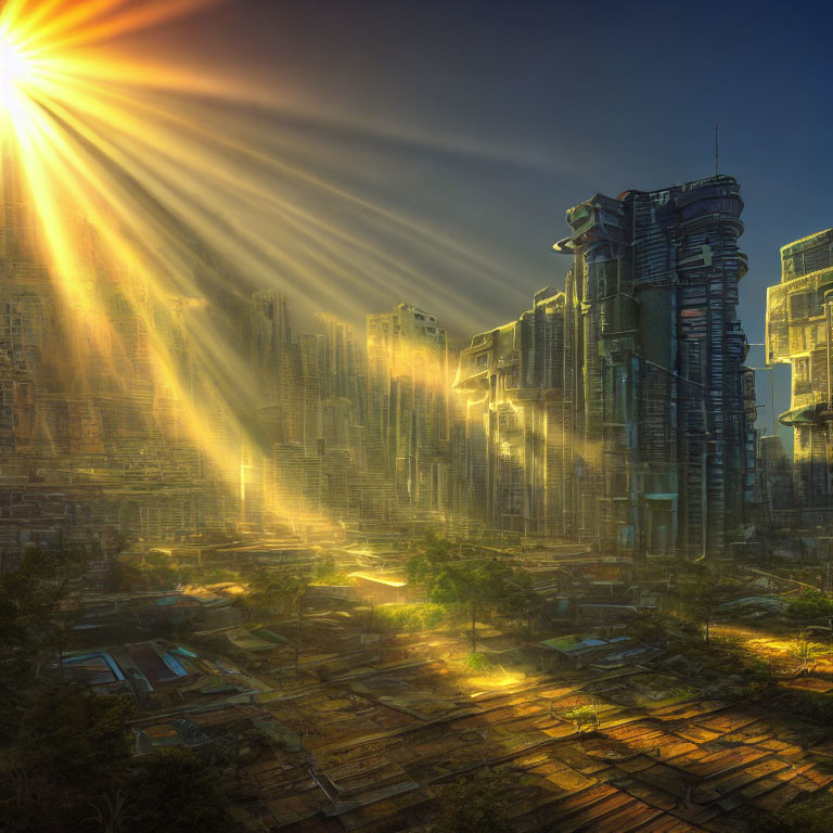 Futuristic cityscape with towering skyscrapers in sunlight