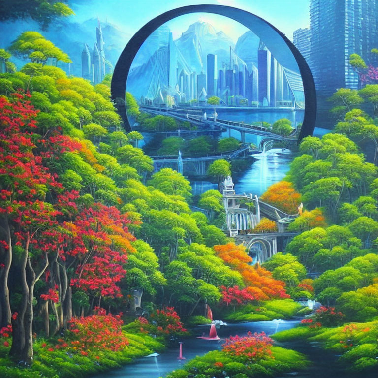 Colorful forest, waterfalls, river, futuristic city in vibrant painting