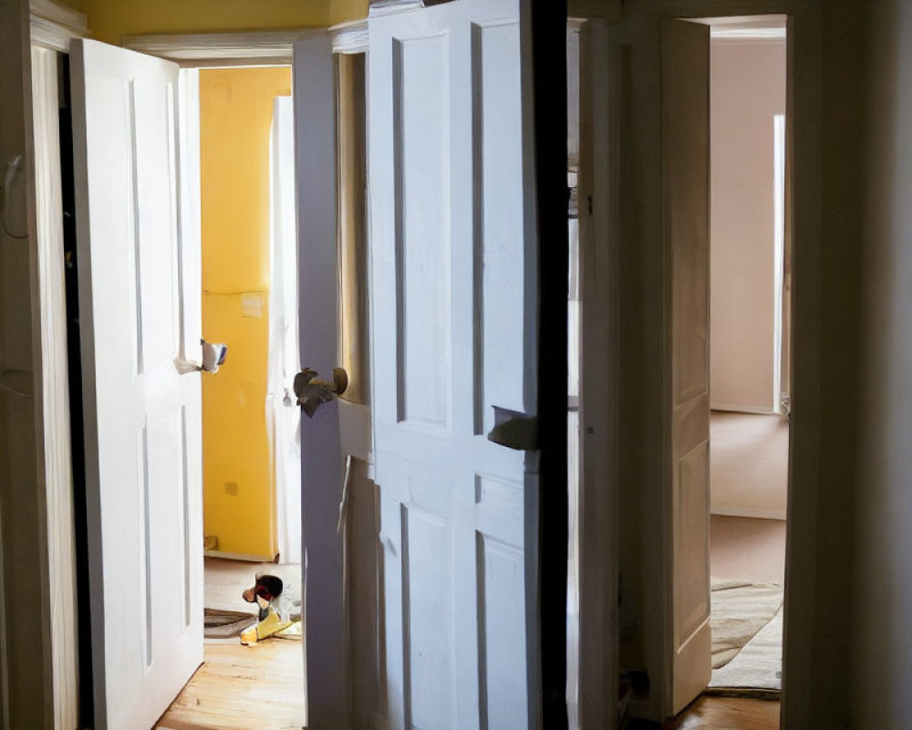 White Doors Open to Yellow and Pink Rooms