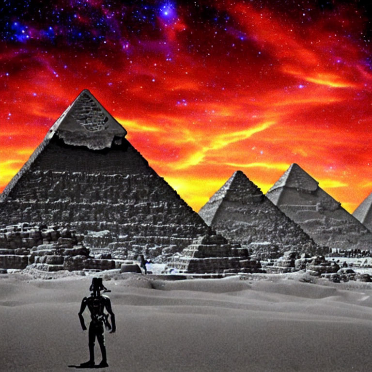 Dramatic red and purple night sky over Great Pyramids with lone figure