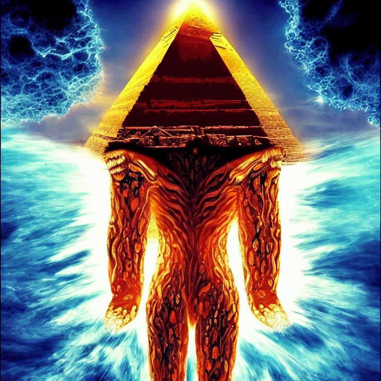 Fiery tree figure under golden pyramid with ocean waves and blue energy