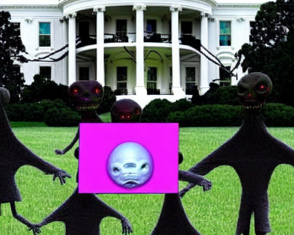 Image: White House backdrop with cartoonish aliens and pink square alien face