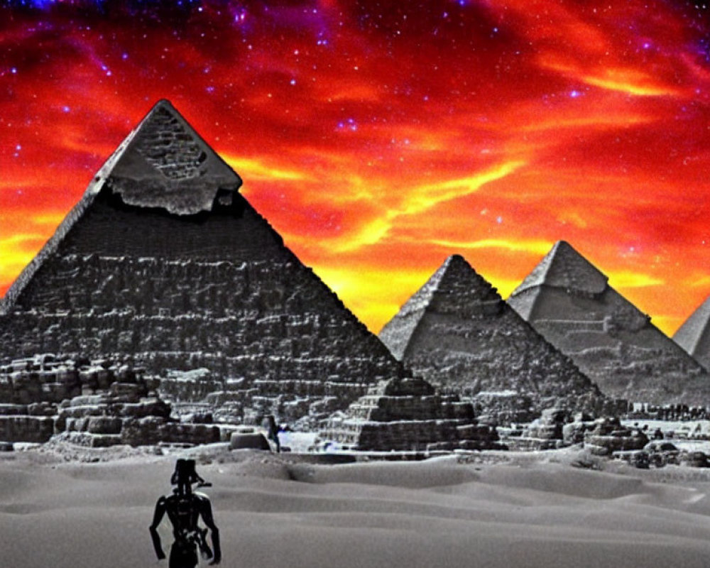 Dramatic red and purple night sky over Great Pyramids with lone figure