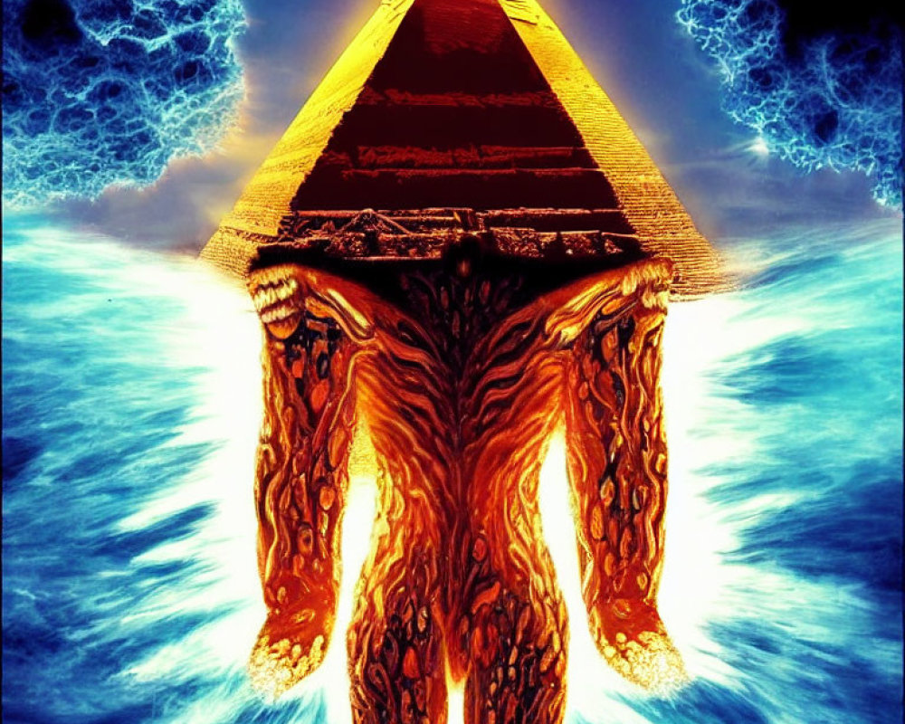 Fiery tree figure under golden pyramid with ocean waves and blue energy