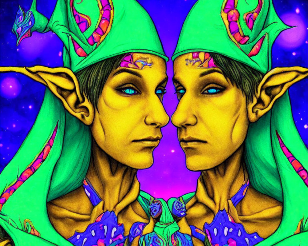 Symmetrical elves with pointed ears on cosmic background