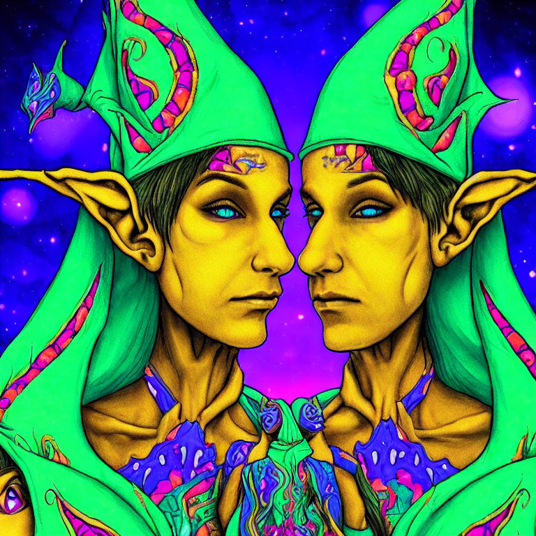 Symmetrical elves with pointed ears on cosmic background