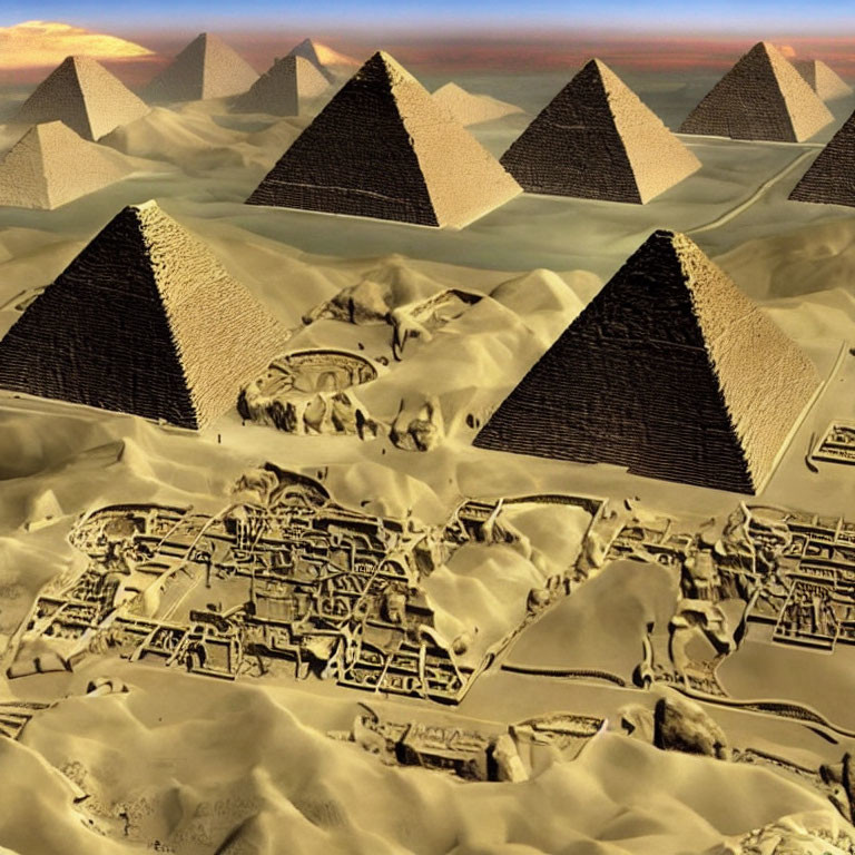 Digital Art: Ancient Egypt Scene with Pyramids and City Layout