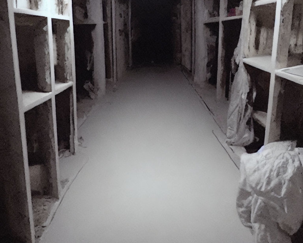 Eerie dimly lit corridor with empty shelves and spooky white object