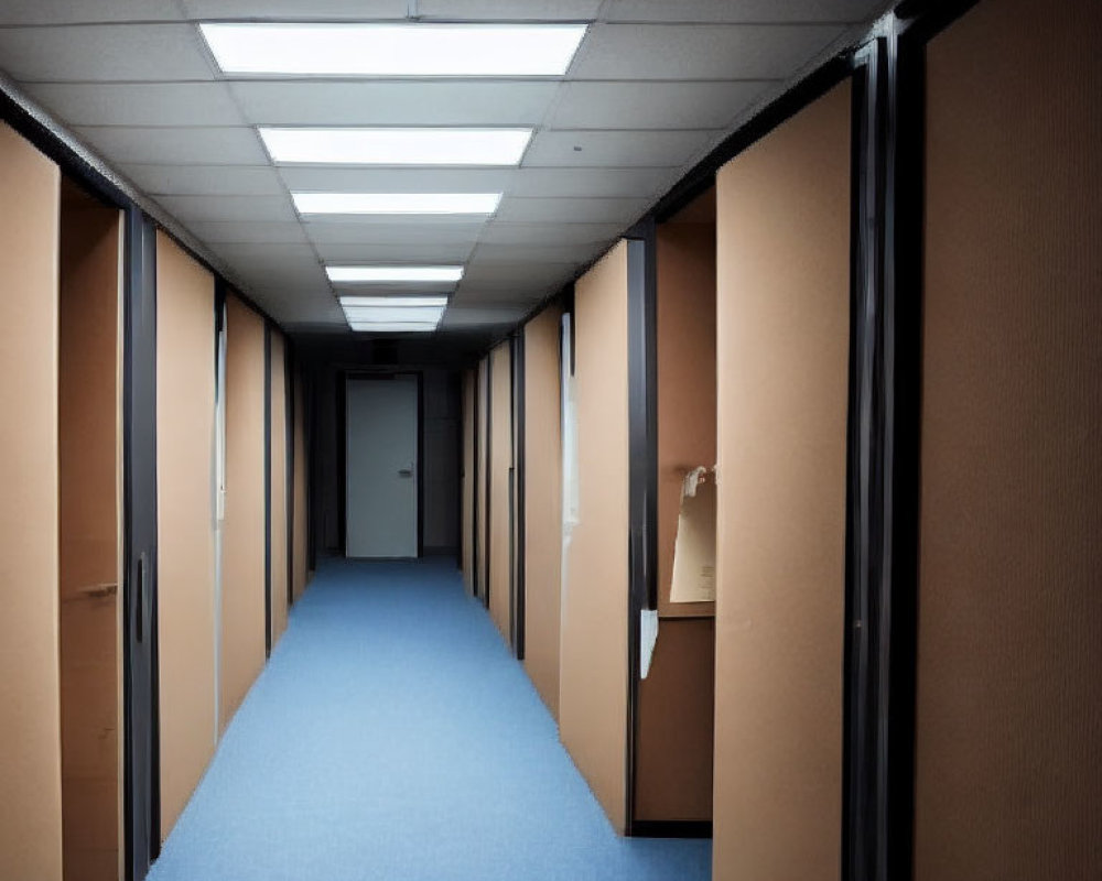 Narrow corridor with blue carpet, beige walls, closed doors, and fluorescent lighting