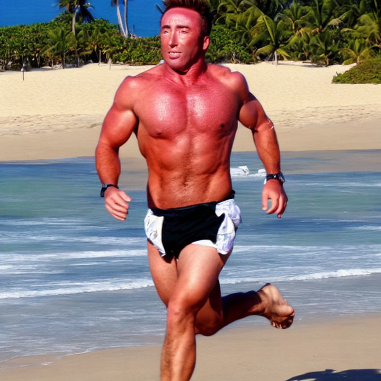 Muscular man jogging barefoot on sunny beach with palm trees.