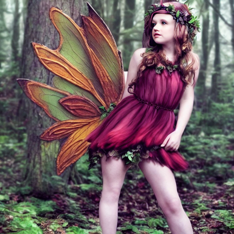 Young girl in floral crown and fairy wings in misty forest wearing burgundy dress