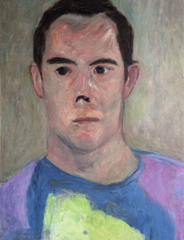 Portrait of stern-faced man in purple and yellow shirt on textured light background