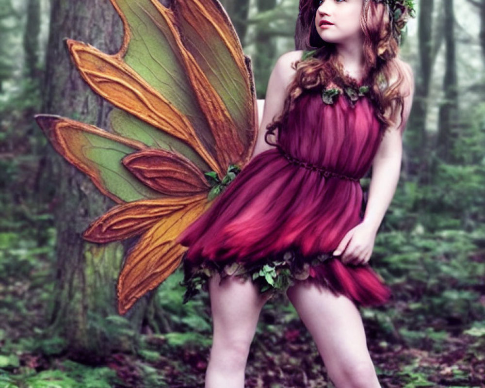 Young girl in floral crown and fairy wings in misty forest wearing burgundy dress