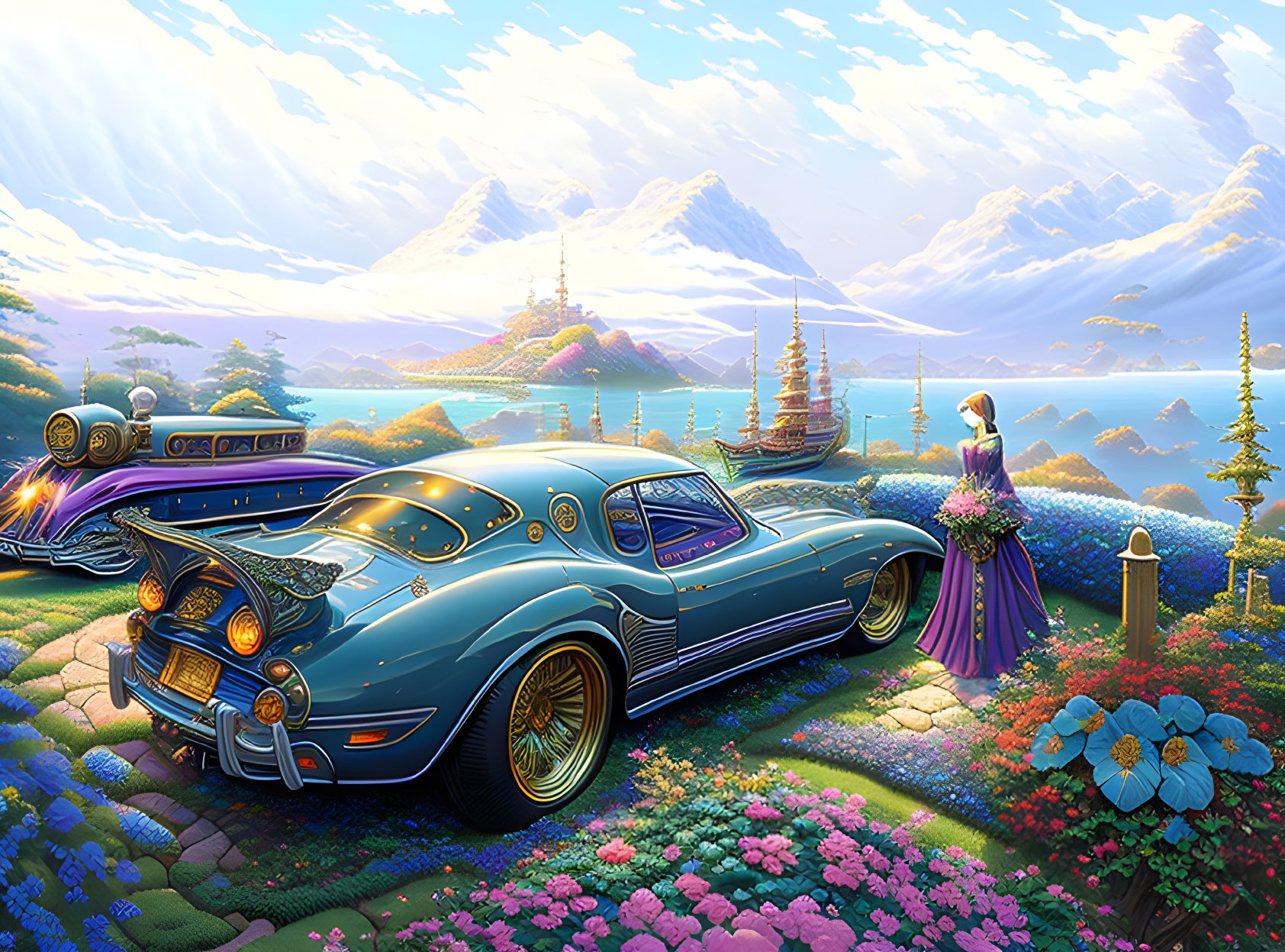 Fantastical landscape with vibrant flowers, classic car, woman in long dress, and floating ships.