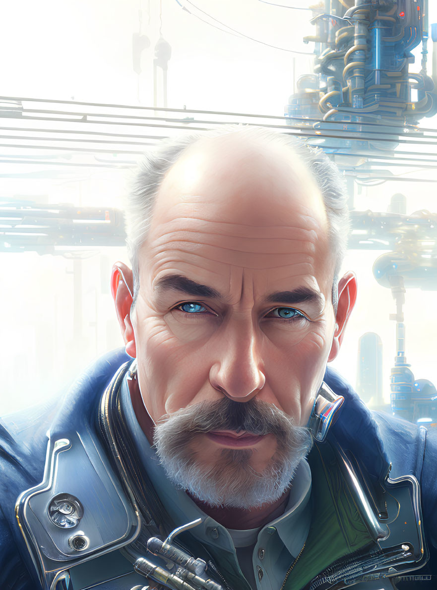 Detailed illustration of bald man in futuristic blue uniform against industrial backdrop