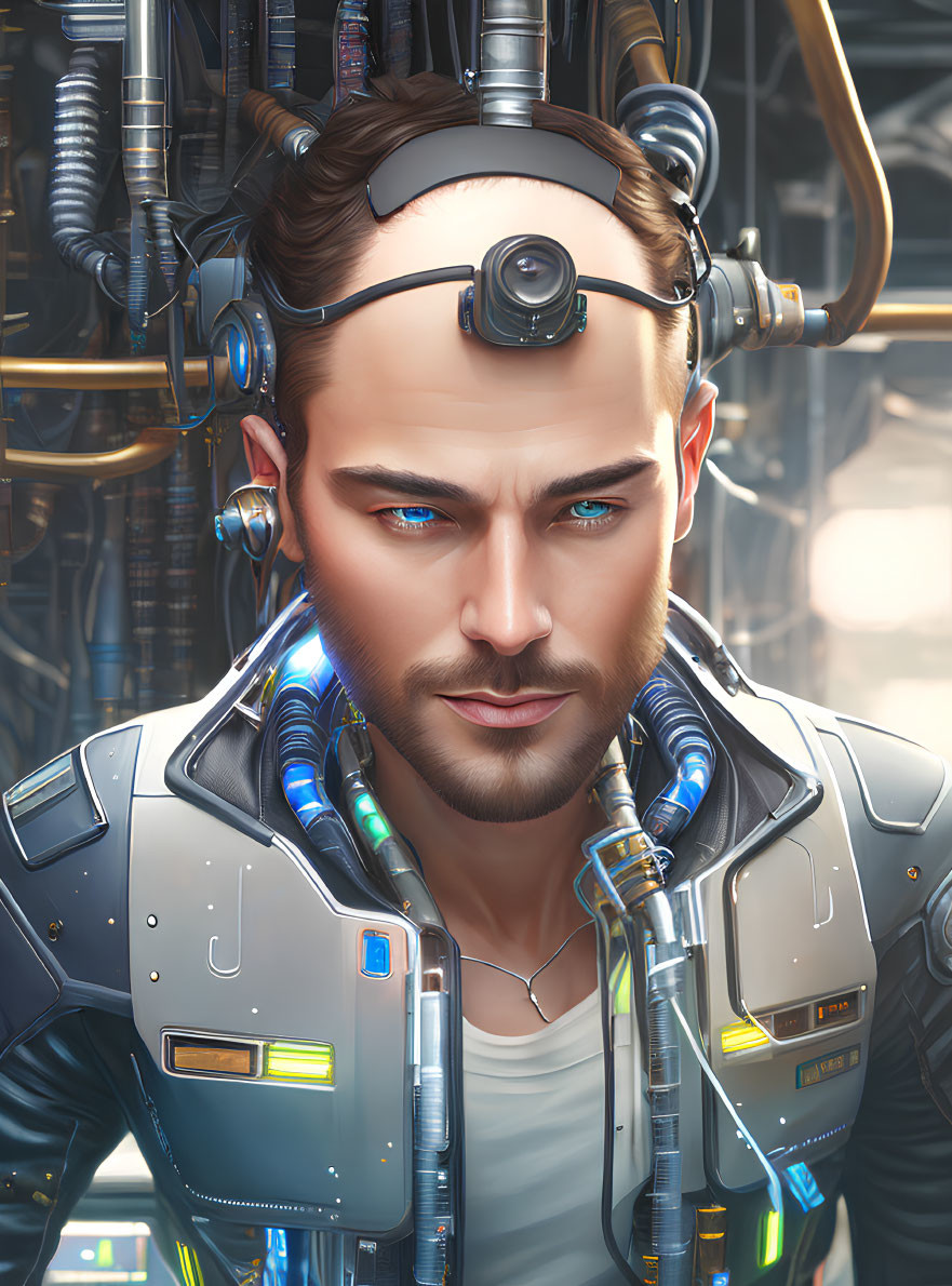 Man with Cybernetic Enhancements in Futuristic Suit Against Industrial Background