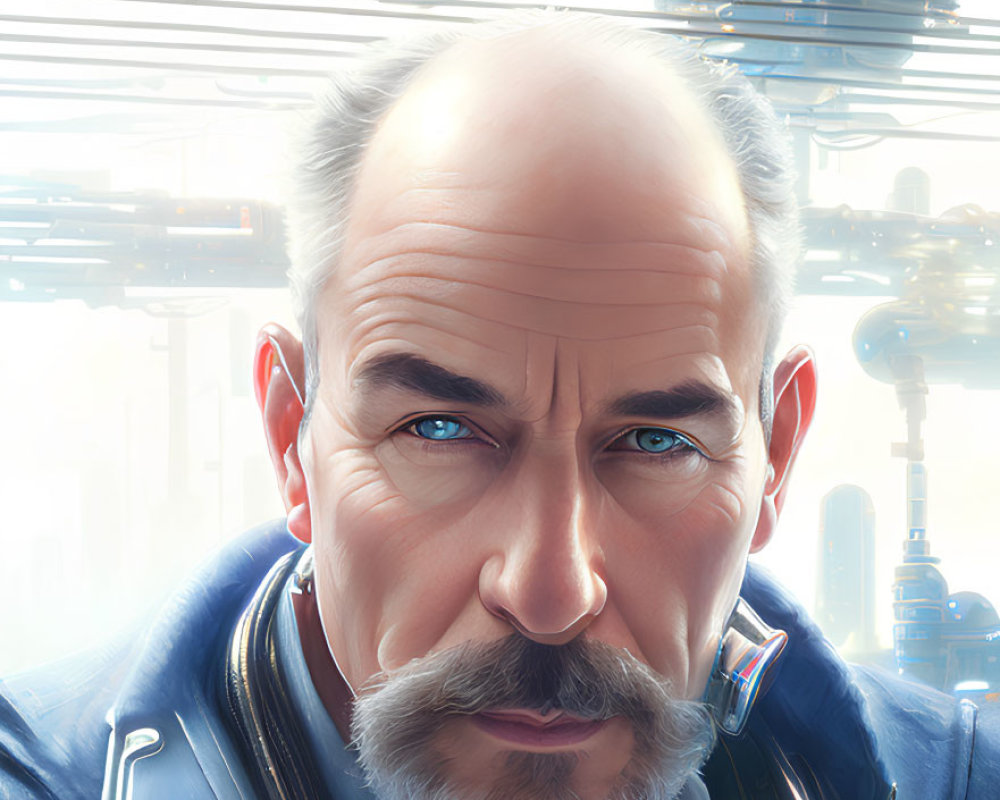 Detailed illustration of bald man in futuristic blue uniform against industrial backdrop