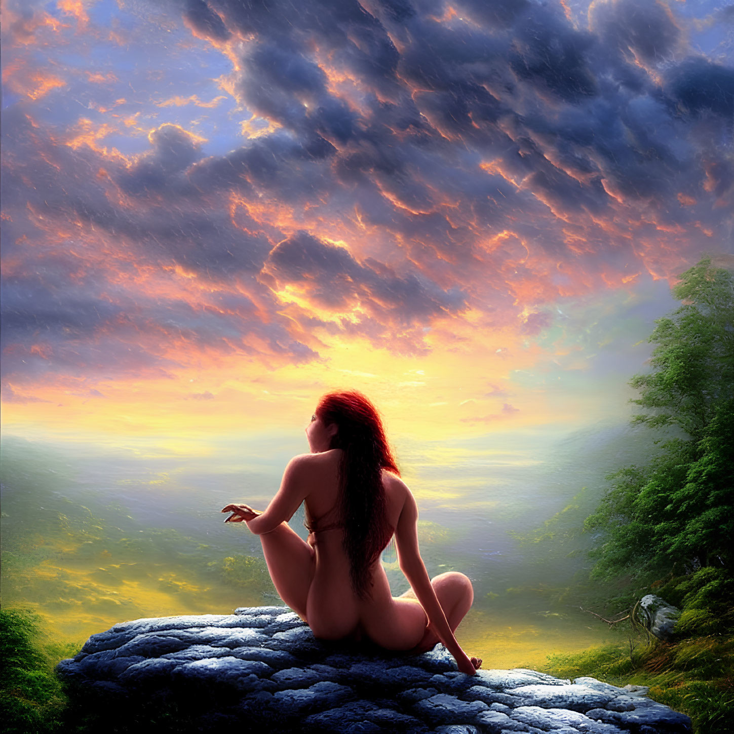 Red-haired person gazing at vibrant sunrise over lush landscape