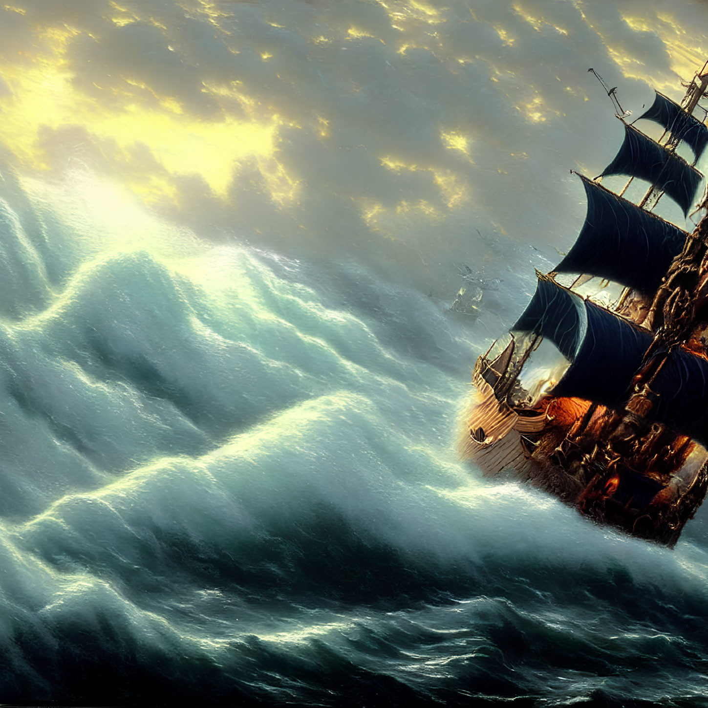 Dark-sailed ship battles stormy seas under golden sky