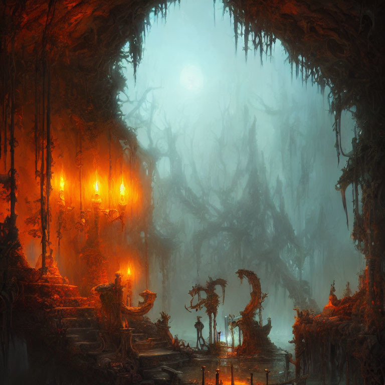 Ethereal cavern with candles, archway, misty forest, ghostly moon