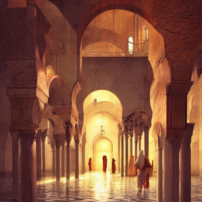 Sunlit mosque interior with arches and columns showcasing traditional attire.