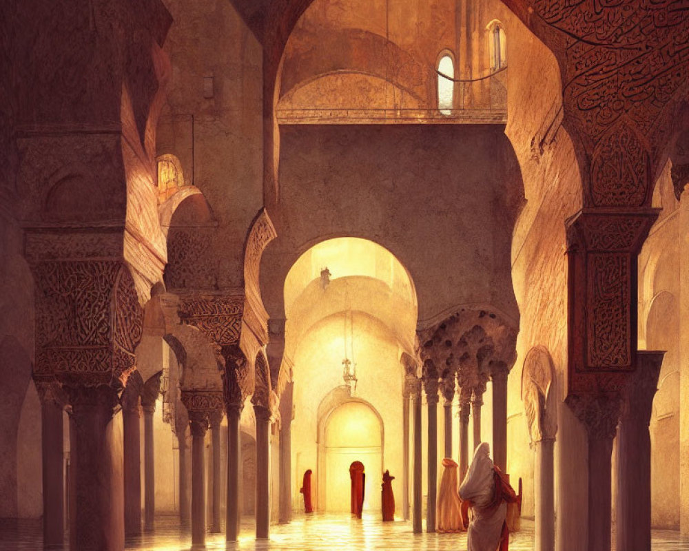 Sunlit mosque interior with arches and columns showcasing traditional attire.