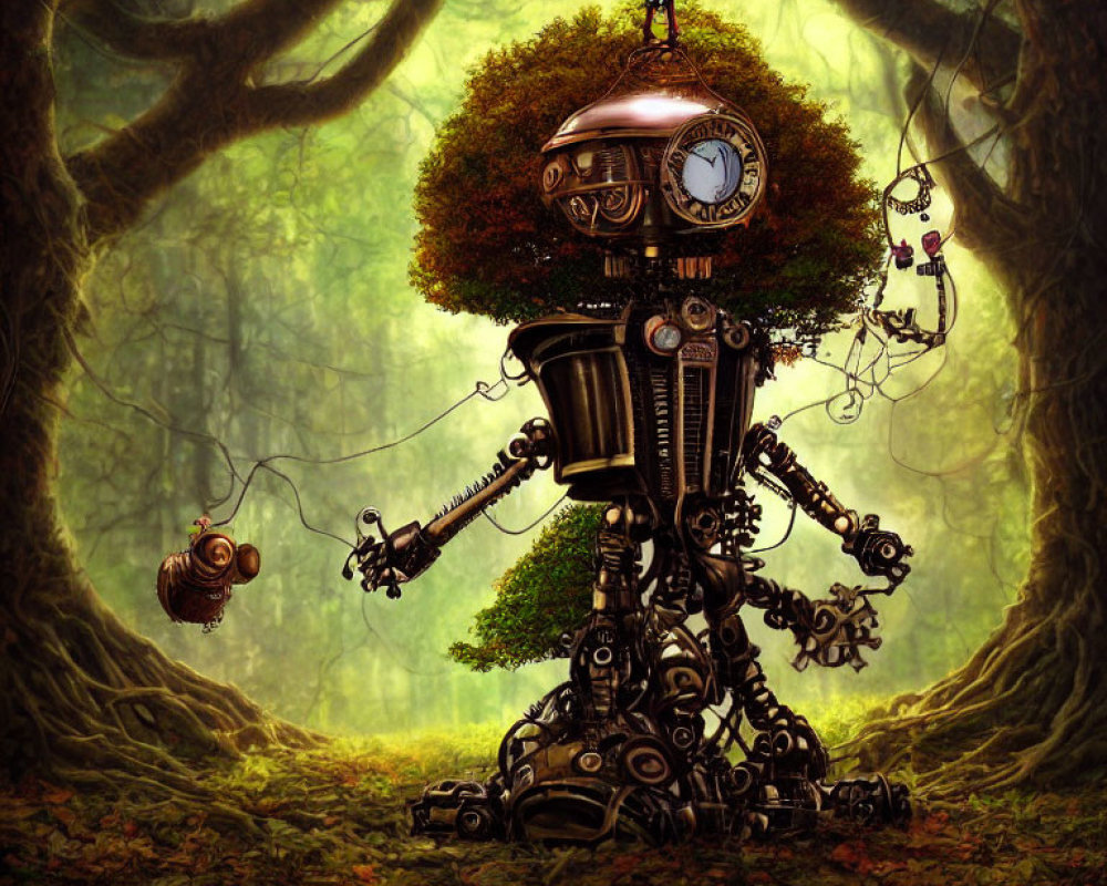 Clock-faced robot in forest with foliage and tiny figures