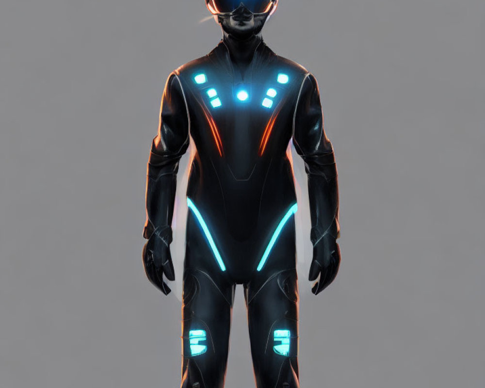 Futuristic figure in black suit with blue accents and helmet on grey background