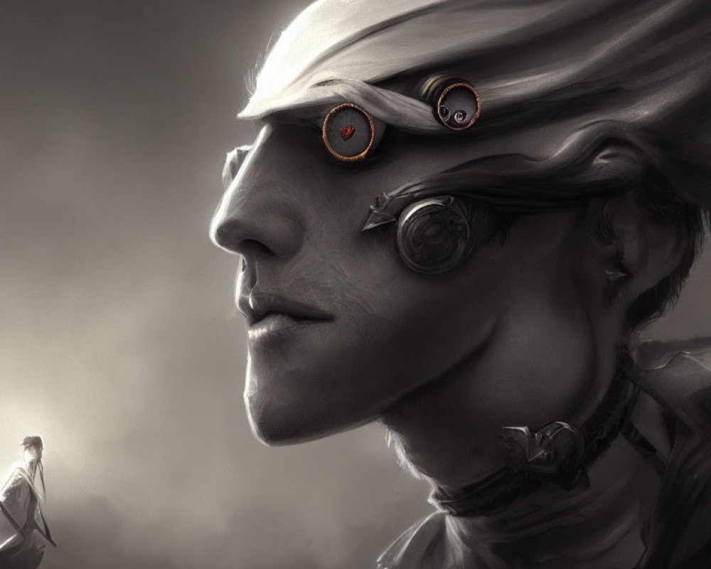 Monochrome artwork of person with bandaged eyes and mechanical parts