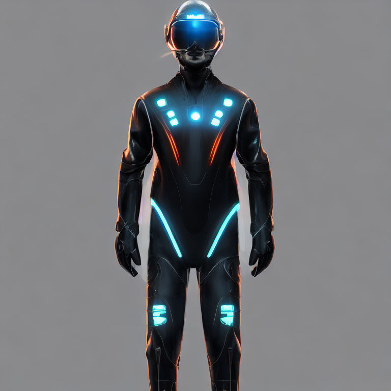 Futuristic figure in black suit with blue accents and helmet on grey background