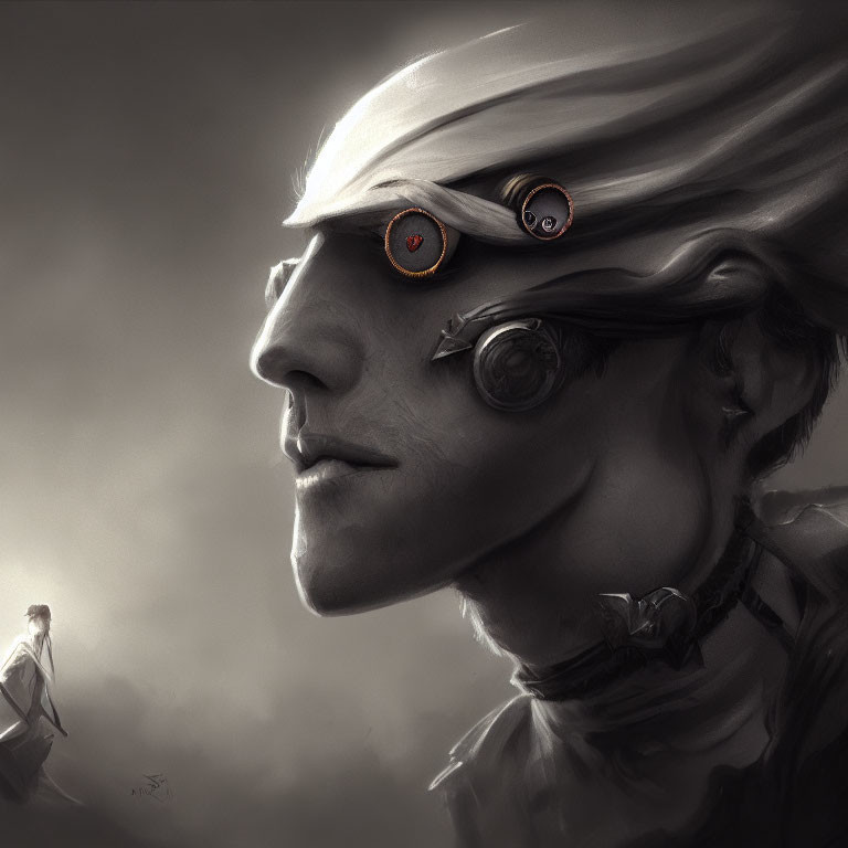 Monochrome artwork of person with bandaged eyes and mechanical parts