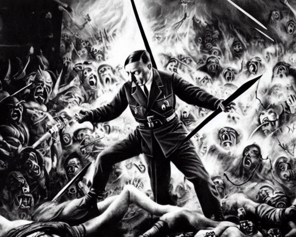 Monochrome illustration of man in military uniform with two swords amid ghostly faces.