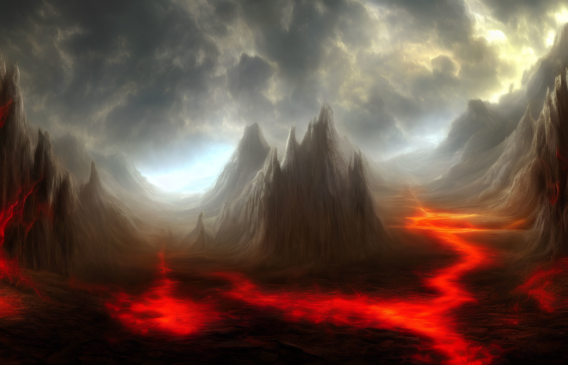 Volcanic Landscape with Lava Flows and Mountain Peaks