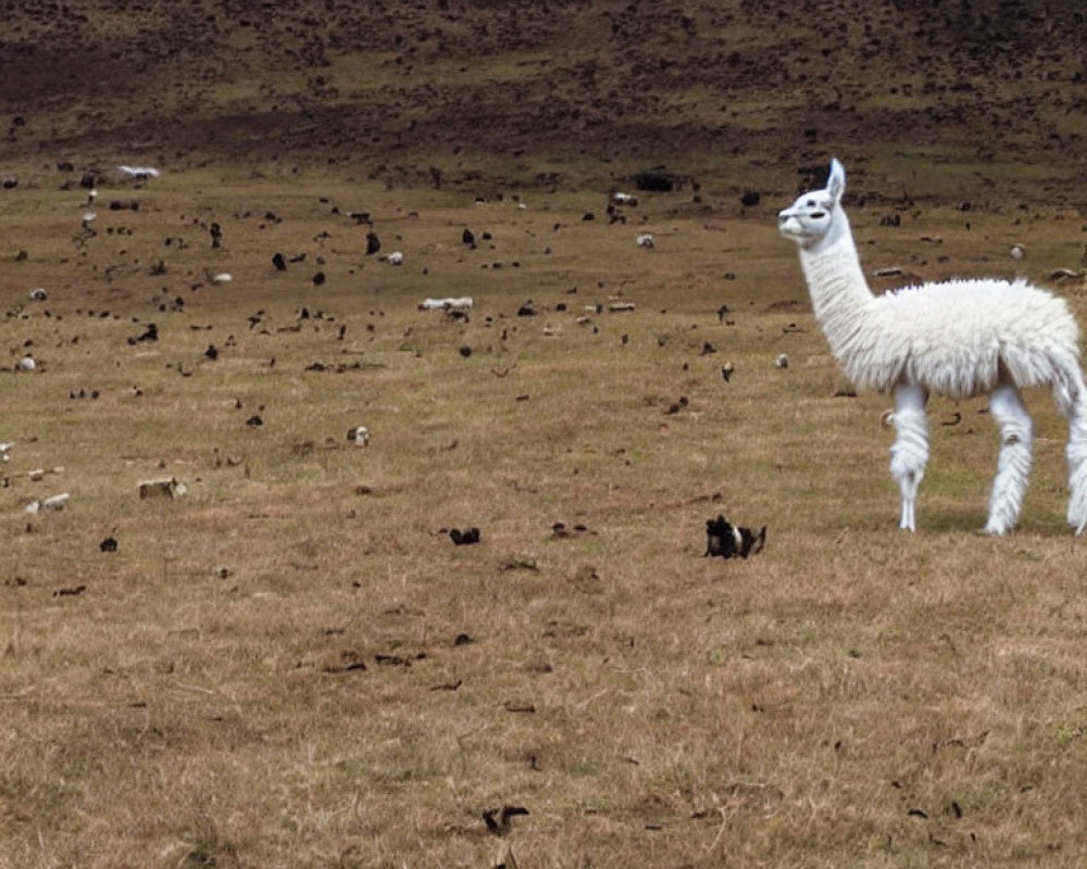 White llama and sheep on grassy plain under cloudy sky